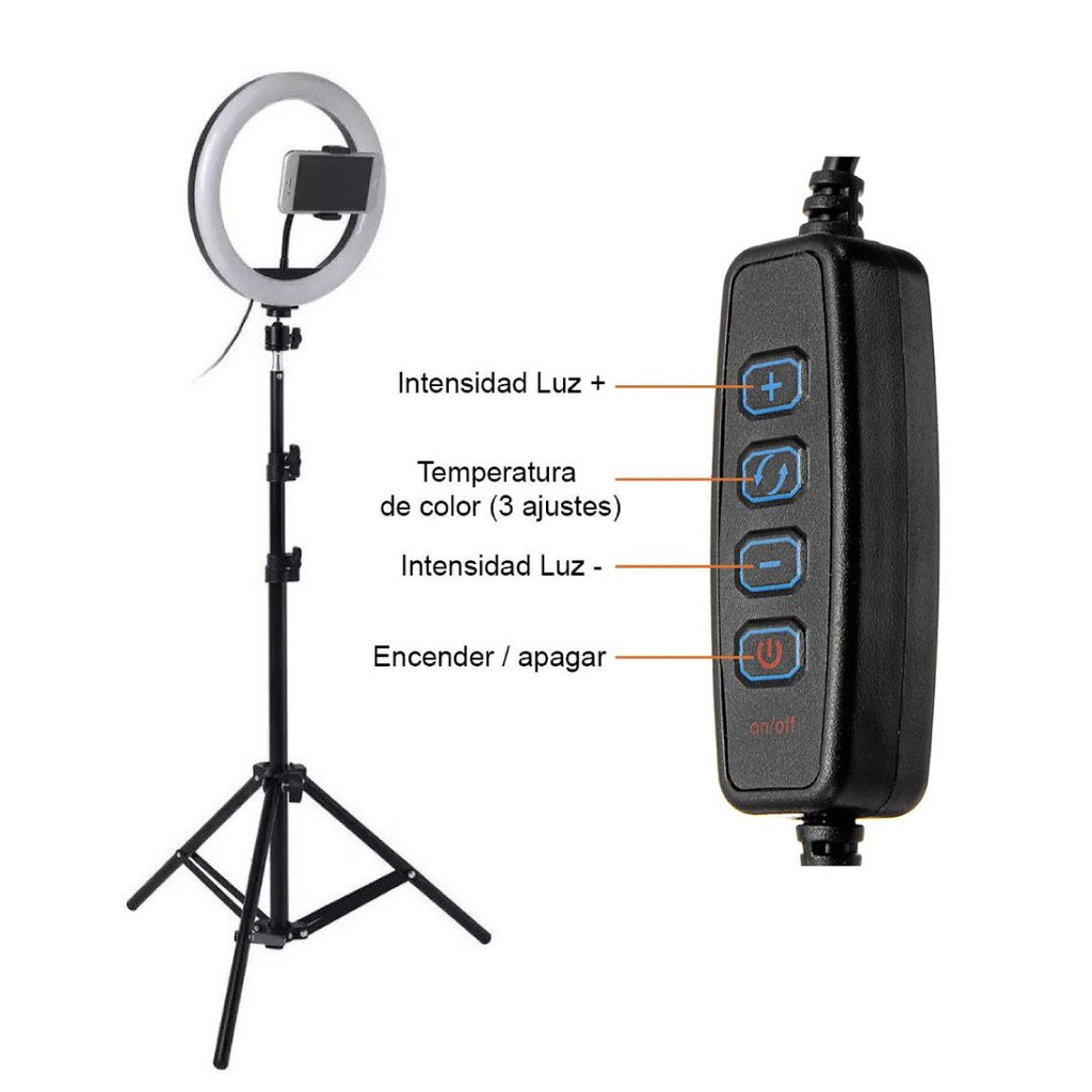 Aro de luz LED 30 cm con trípode 2 mts y soporte para celular